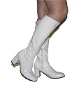 Suzie - White Patent/PVC Low 2&frac12; Inch Heel 60s 70s Retro Knee High GoGo Boots
