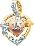 14K Tri Color Gold Number 15 In Heart Pendant Charm New