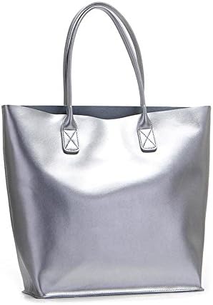 Viviesta Women's Real Leather Shiny Metallic Extra Large Shoulder Shopper Tote Bag Handbag - Silver