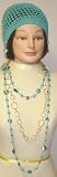 Set of Two Very Long Chain Simulated Turquoise Beads Necklace Gold Plated Medium Chain Matching Earrings Offered with Hand Crocheted Turquoise Gimp Skull Cap