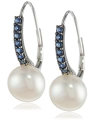 10k White Gold Sapphire and Freshwater Cultured Pearl Leverback Earrings