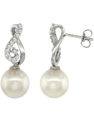 14k White Gold Heart-shaped Loop Pearl Earrings w/ 0.24 Carat Brilliant Cut ( H-I Color; VS2-SI1 Clarity ) Diamonds & 9mm White Pearls, 7/8 in. (22mm) tall