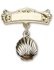 14kt Gold Baby Badge with Shell Charm and Arched Polished Badge Pin