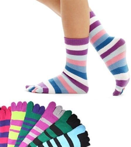 ToeSox 6 Pair Crew Length Funny Feet Women's Striped Toe Socks Size 9-11