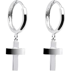 14K White Gold Cross Huggy Earrings