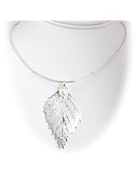 Silver Plated Birch Real Leaf Freshwater Pearl Pendant Sterling Silver Omega Chain Necklace 18 Inch