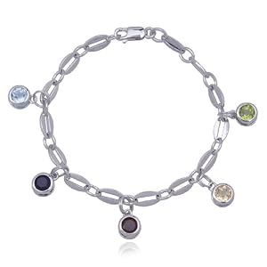 Buy Rhodium Overlay Sterling Silver Multi-Gemstone Charm Bracelet, 7.5