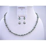 Nsc581 Powder Green Pearls w/ Turmarine Swarovski Crystals Custom Jewelry Set Handcrafted Bridemaides Necklace Set