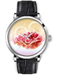SPRAWL Aanalog Fashion Series Silver Ladies Watches of Genuine Black Leather Strap,Unique Wrist Watch for Women Girls Designed with Bouquet of pink roses
