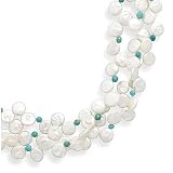 16 Inch Triple Strand Coin Pearl and Turquoise Bead Necklace