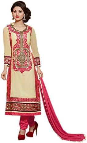 Rehsha Women's Designer Embroidered Churidar Suit Cream & Red