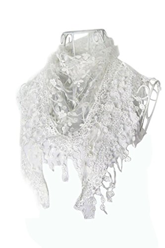 Lace Tassel Sheer Burnt-out Floral Print Triangle Mantilla Scarf Shawl Neck Wrap white