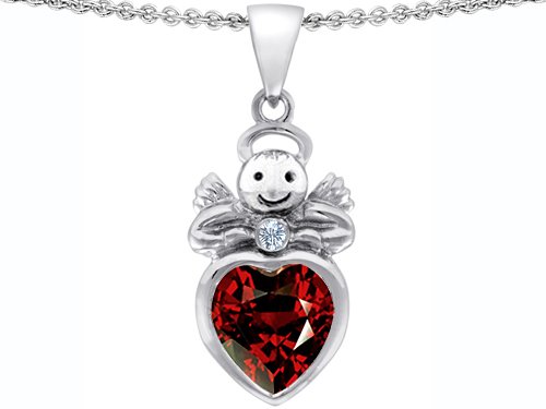 5.01 cttw 14k White Gold Plated 925 Silver Love Angel Pendant with 10mm Created Garnet Heart and Genuine Diamond