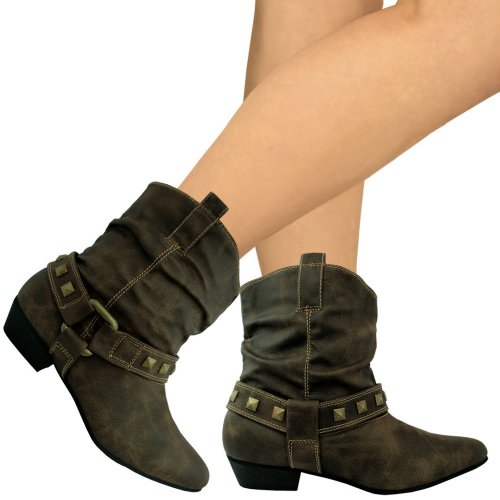 New Womens Brown Cowboy Stud Western Ankle Boots Size 4