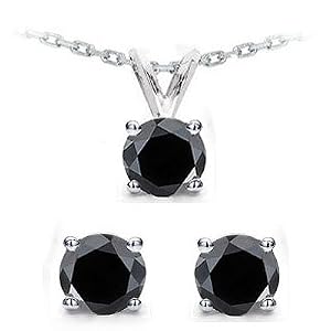 14k White Gold Round Cut Black Diamond Earrings and Pendant Set ( 3.00ctw, AAA... by