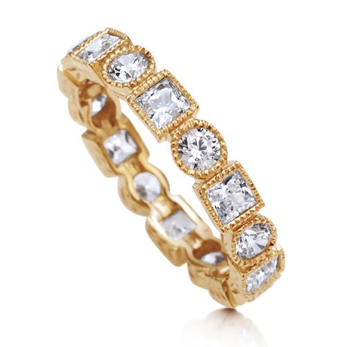 14K Gold Vermeil Alternate Round Princess Cubic Zirconia Eternity Ring - Women's Engagement Wedding Band Ring