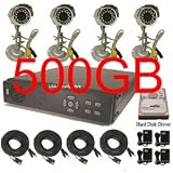 USA Security Store --- 4 Sharp CCD Day/Night Vision Color Cameras with 4 CH Security Surveillance DVR System Built-in 500GB HDD, Included 4x65FT video cables and Power Supplies KIT