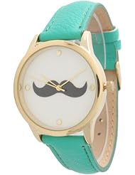 Mustache Watch! Leather Band with Mustache Print Face and Gold Bezel! Teal!