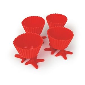 Starfrit Gourmet 80338-004-0000 Set of Four Reusable Red Silicone Muffin Liners with Suction Cup Feet