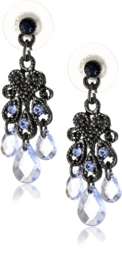 1928 Jewelry Jet Heart and Blue Chandelier Earrings