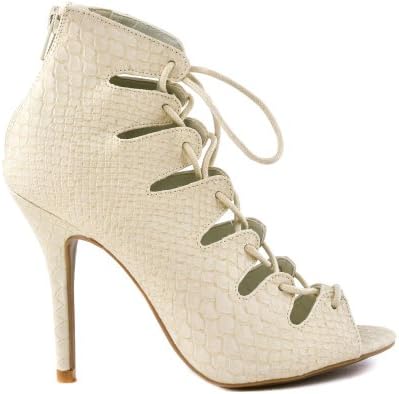Jenson45a Stone Snake Pu Lace Up Cutout Peep Toe Bootie Ankle Pump High Heel-7.5