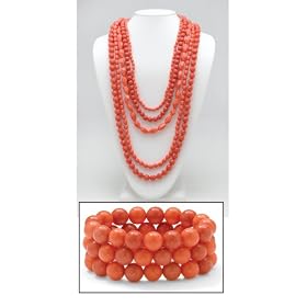 Silver Tone Coral-Colored Beaded Lucite Necklace and Bracelet Set: Jewelry