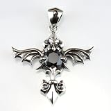 Black Cubic Zirconia Sterling Silver Cross/Wings Pendant with Fleur De Lis