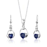 Sterling Silver Heart Shape Sapphire Pendant Earrings and 18 inch Necklace Set