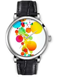 SPRAWL Aanalog Fashion Series Silver Ladies Watches of Genuine Black Leather Strap,Unique Wrist Watch for Women Girls Designed with Colored dots
