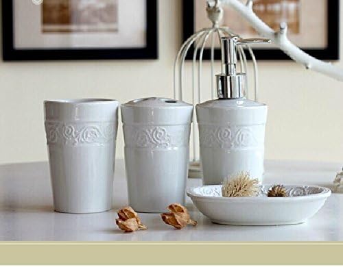 Classical Northern European-style White 4 Piece Bath Ensemble,ceramic Bathroom Accessory Set with Soap Dish, Lotion Dispenser, Toothbrush Holder & Tumbler