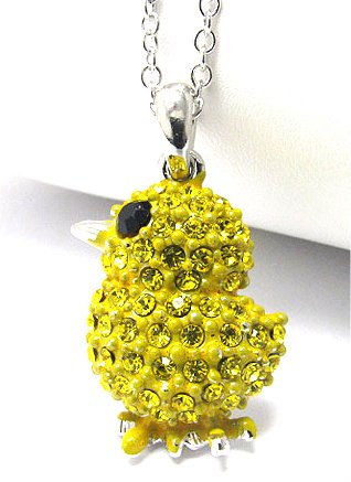 Super Cute Yellow Crystal Covered Baby Chick/Chicken Charm Necklace Silver Tone