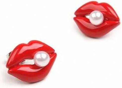Womens Lady Unique Desigh Sexy Red Lips Pearl Studs Earrings