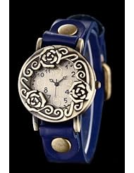 Youyoupifa Lady Flower Vintage Style Dance Numbers Alloys Dial Blue Leather Strap Quartz Watch