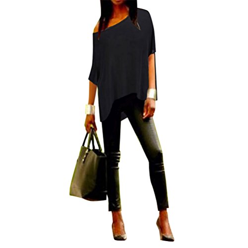 Memorose Women Loose Sleeve Plain Shoulder Off Asymmetric Hem T Shirt Top Blouse BlackXXL