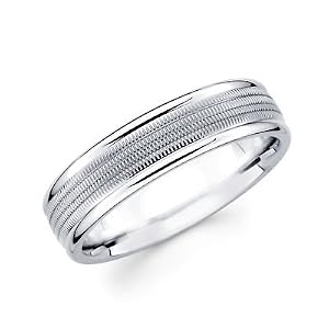 Solid 14k White Gold Ladies Mens Milgrain Middle High Polish Ends Wedding Ring Band 6MM Size 10.5