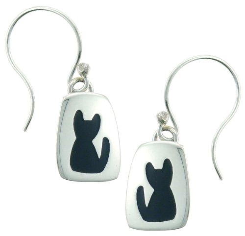 Black Cat Silhouette Enamel & Sterling Silver Dangle Earrings