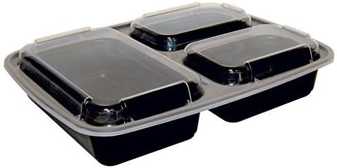 3 Compartment Reusable Meal Preparation and Food Storage Black Containers with Clear Lids, SET of 10, Microwave and Dishwasher Safe, Stackable. Included 10 Spoons and 10 Forks