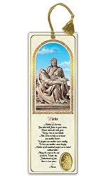 Religious Tassel Bookmark - Pieta - Laminated with Gold Foil Embossed Medal Design - Appropriate Prayer Included