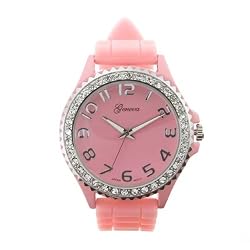 Pink and Silver Silicone Gel Ceramic Style Band Crystal Bezel Watch