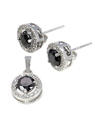 Designer Sterling Silver Pave Setting Grade AAA Round Black and White CZ Earrings & Pendant Set with Free 18 inch Cable Chain