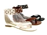 WOMENS ANKLE ZIP COLLAR FAUX LEATHER GLADIATOR SANDALS STUDDED CUFF BLACK BROWN WHITE SIZES 3 - 8