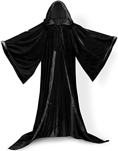 PingFeng Wizard Robe Velvet Hood Cloak Wicca LARP Goth Costume Blacks L