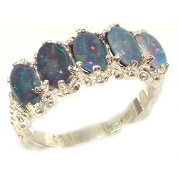Victorian Design Solid English White 9K Gold Colorful Opal Ring - Size 5 - Finger Sizes 5 to 12 Available