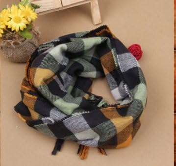 Andy Baby Childs Kids Boy Girl Classic Grid Plaid Scarves Neckerchief Wool Spinning with Tassels-khaki Green
