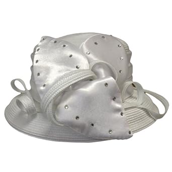 White Fancy Church Hat With Large Flower & Rhinestone Detail