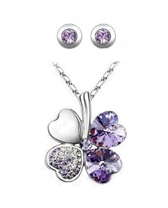 Parure Collier et Clous d'Oreille Trèfle 4 feuilles Coeur Porte-Bonheur en Cristal de Swarovski et chaîne en plaqué Or blanc 18 carats - Violet Clair