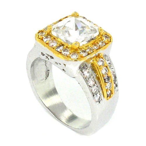 Sterling Silver Two-Tone Engagement Ring w/Square Radiant White CZ & pavé Deals