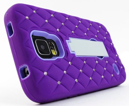 myLife Vibrant Violet Purple and Light Lavender - Diamond Shock Suit Survivor Series (Built in Kickstand + Easy Grip Silicone) 3 Piece + 2 Layer Case for NEW Galaxy S5 (5g) Smartphone By Samsung (External Flex Silicone Bumper Gel + Internal 2 Piece Rubberized Snap Fitted Armor Protector + Shock Absorbing Material)
