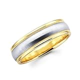 14k Yellow and White Two 2 Tone Gold Mens Satin Milgrain High Polish Wedding Ring Band 8MM Size 11.5