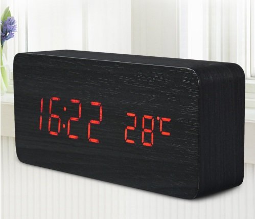 Quality Digital LED Alarm Clock Sound Control Wooden Despertador Desktop Clock USB/AAA Powered Temperature Display (Red)